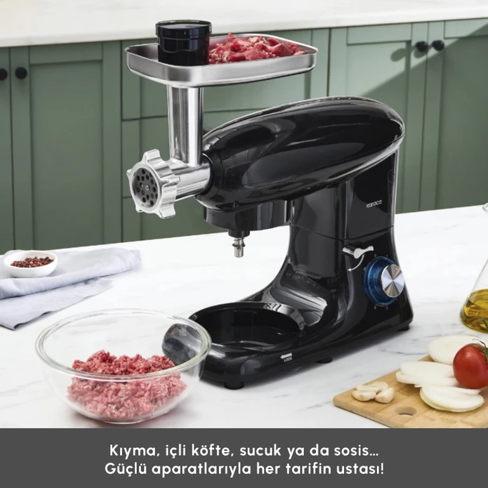 Karaca Multichef Kıyma Çekme /Sucuk-Sosis/İçli Köfte Aparatlı Hamur Yoğurma Makinesi Shiny Black 1900W 5,5L